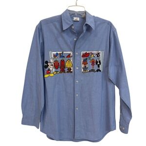 Vintage Disney Store Mickey Mouse Through The Years Embroidered Chambray Shirt S